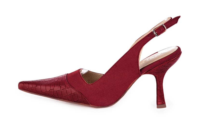 Burgundy red women's slingback shoes. Pointed toe. High spool heels. Profile view - Florence KOOIJMAN